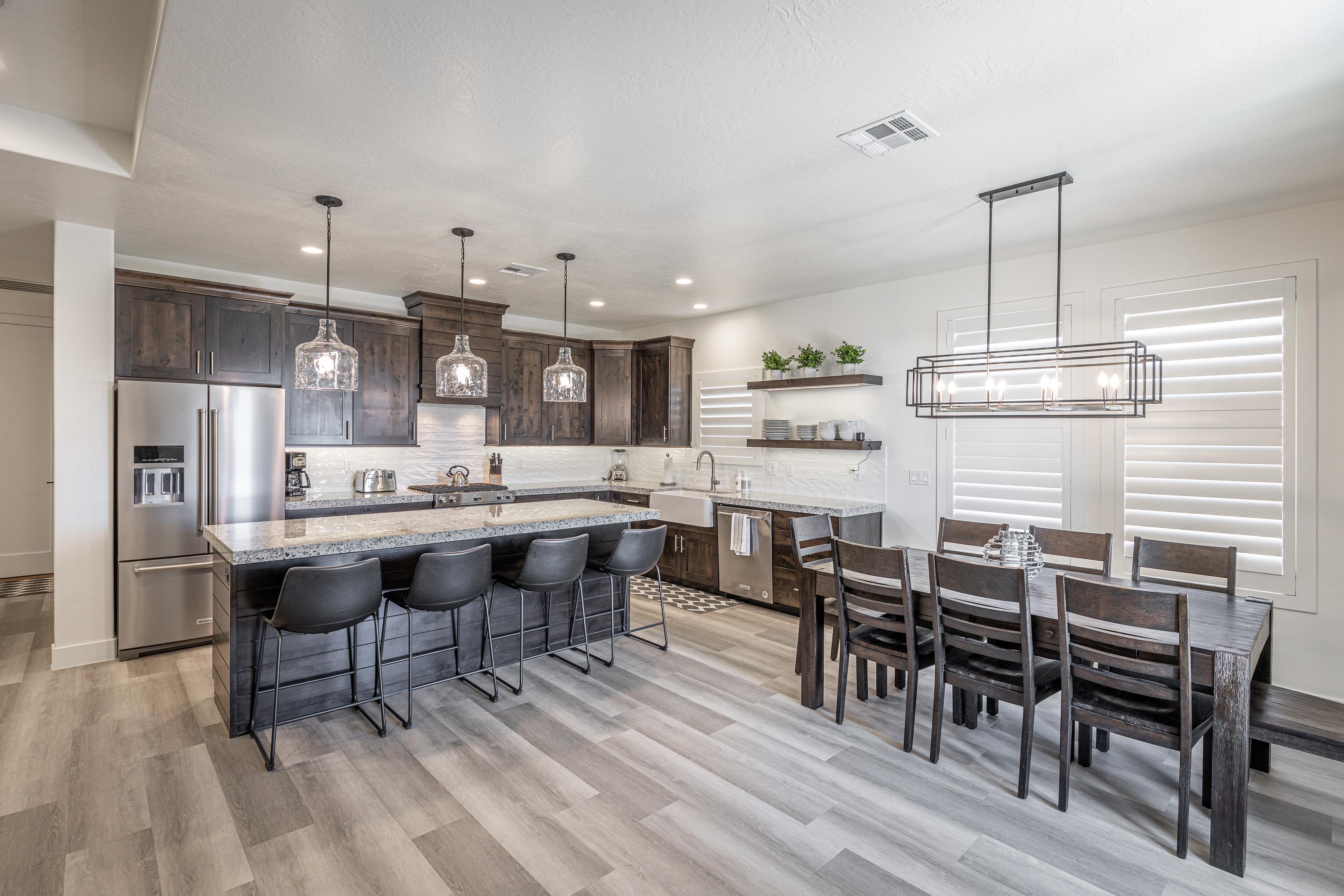The kitchen is fully stocked with all the dishes, cookware, baking pans, and cutlery you will need for meal preparations and includes stainless steel appliances and granite counter tops. 