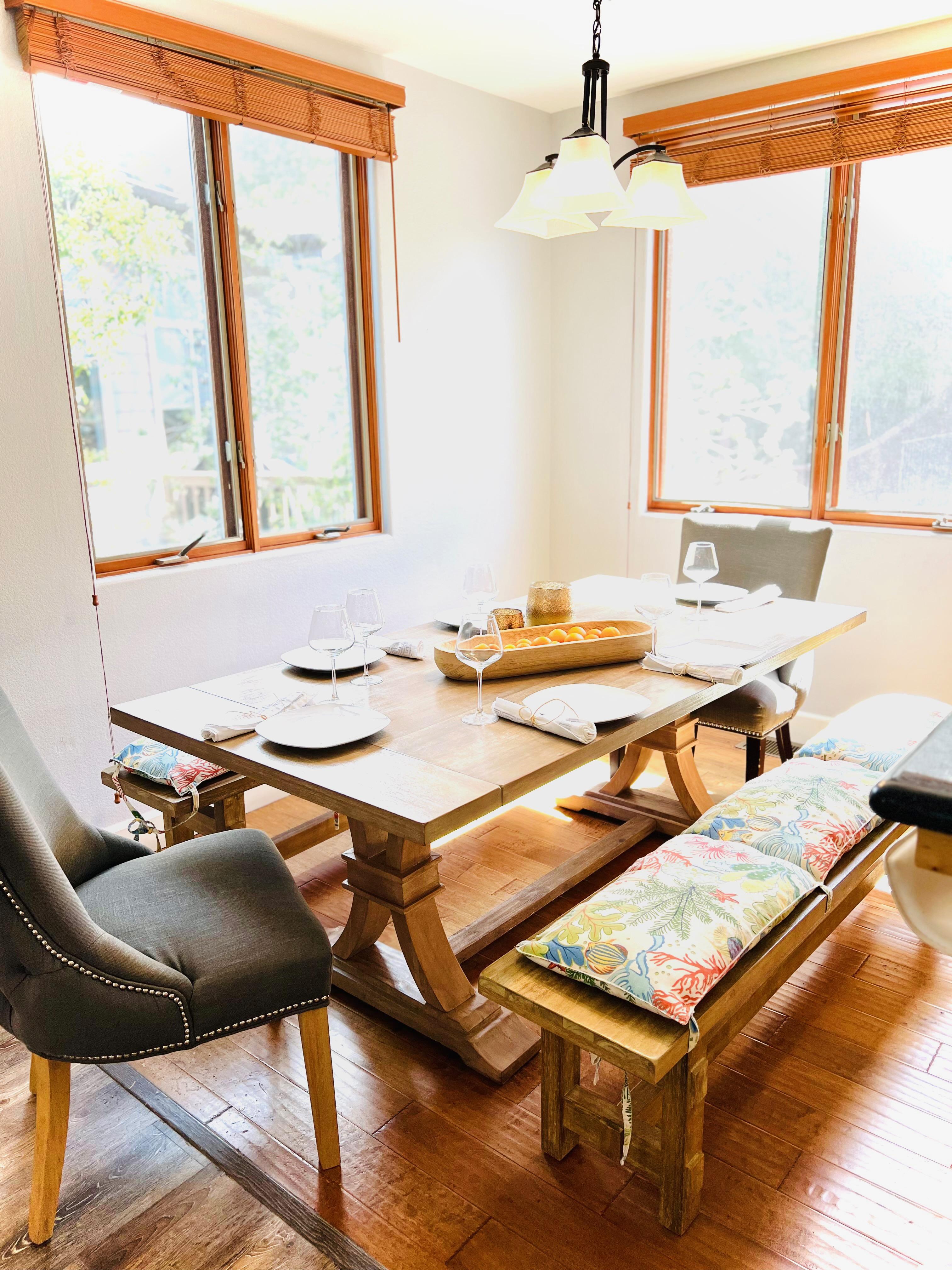 Our house is capable of seating up to 8 at the dining room table. 