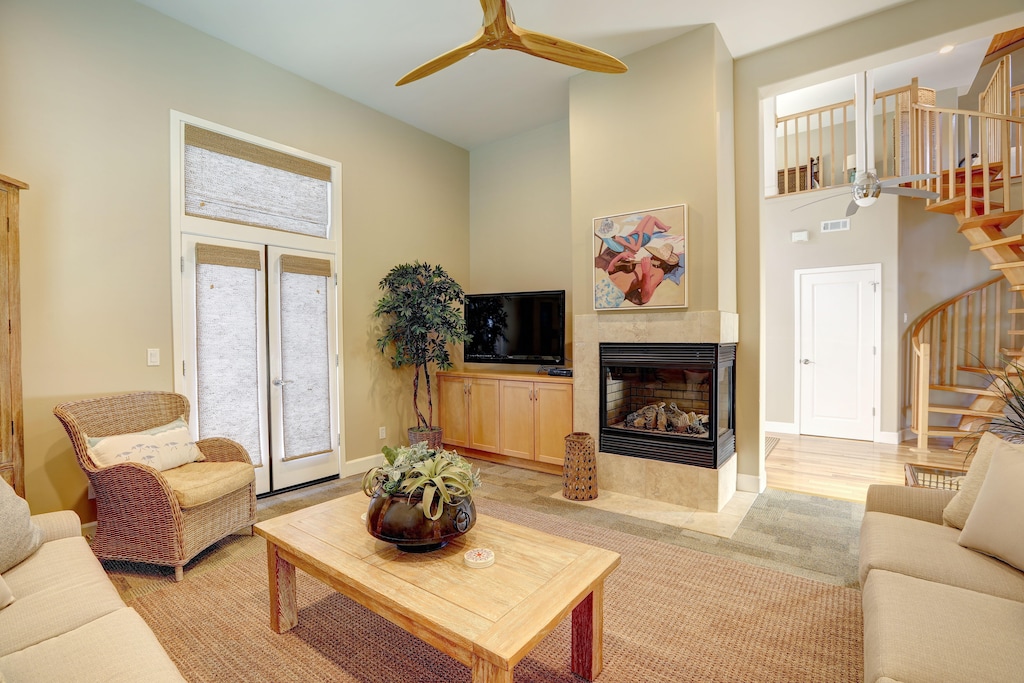 Living room fireplace and TV. 