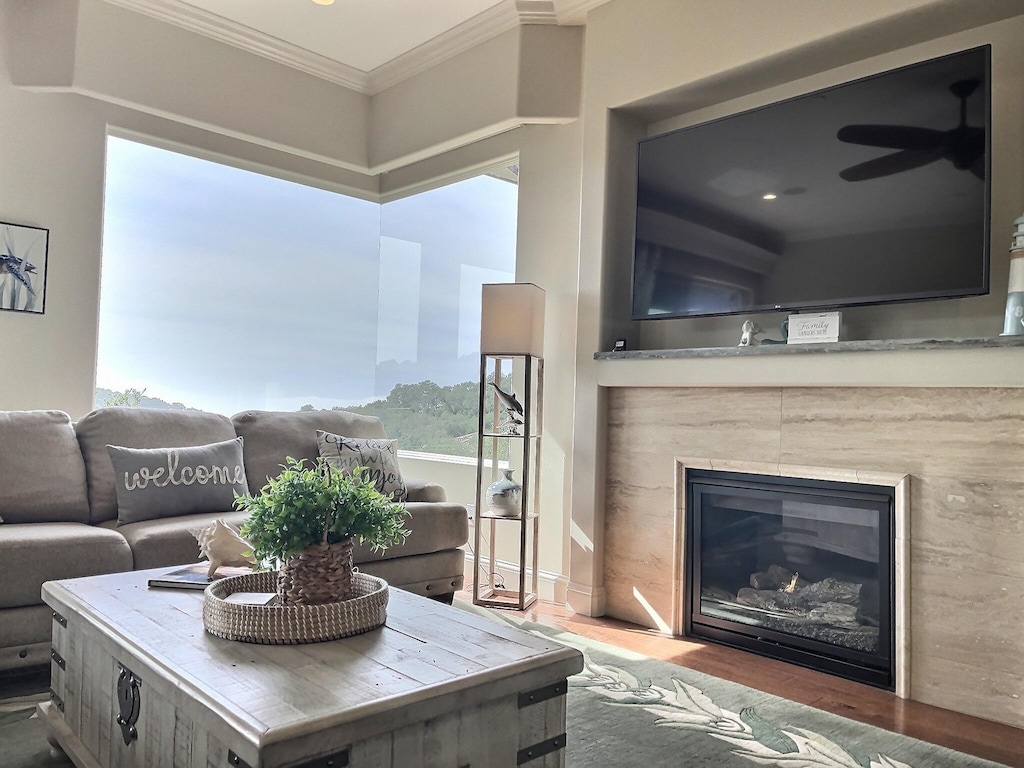 Relax by the fireside as the ocean fog rolls in.