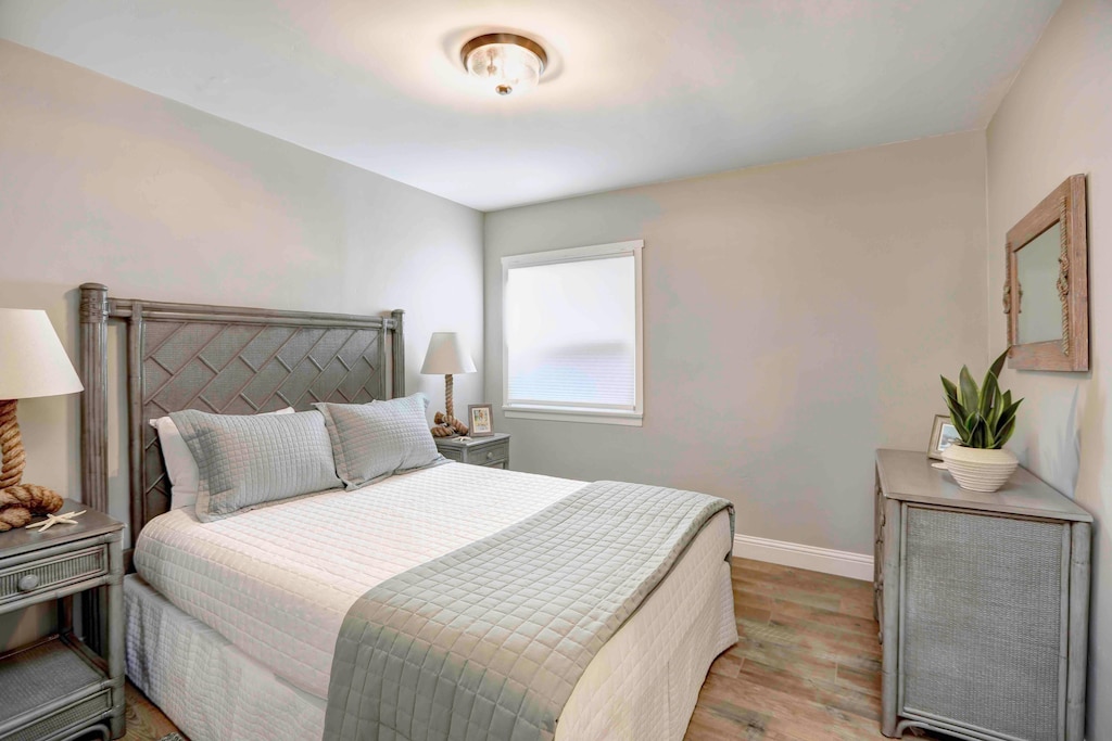 Lucky One has two bedrooms, both have queen beds.  The bedroom has 2 night stands, Tuft & Need queen bed mattress and a 3-drawer dresser.