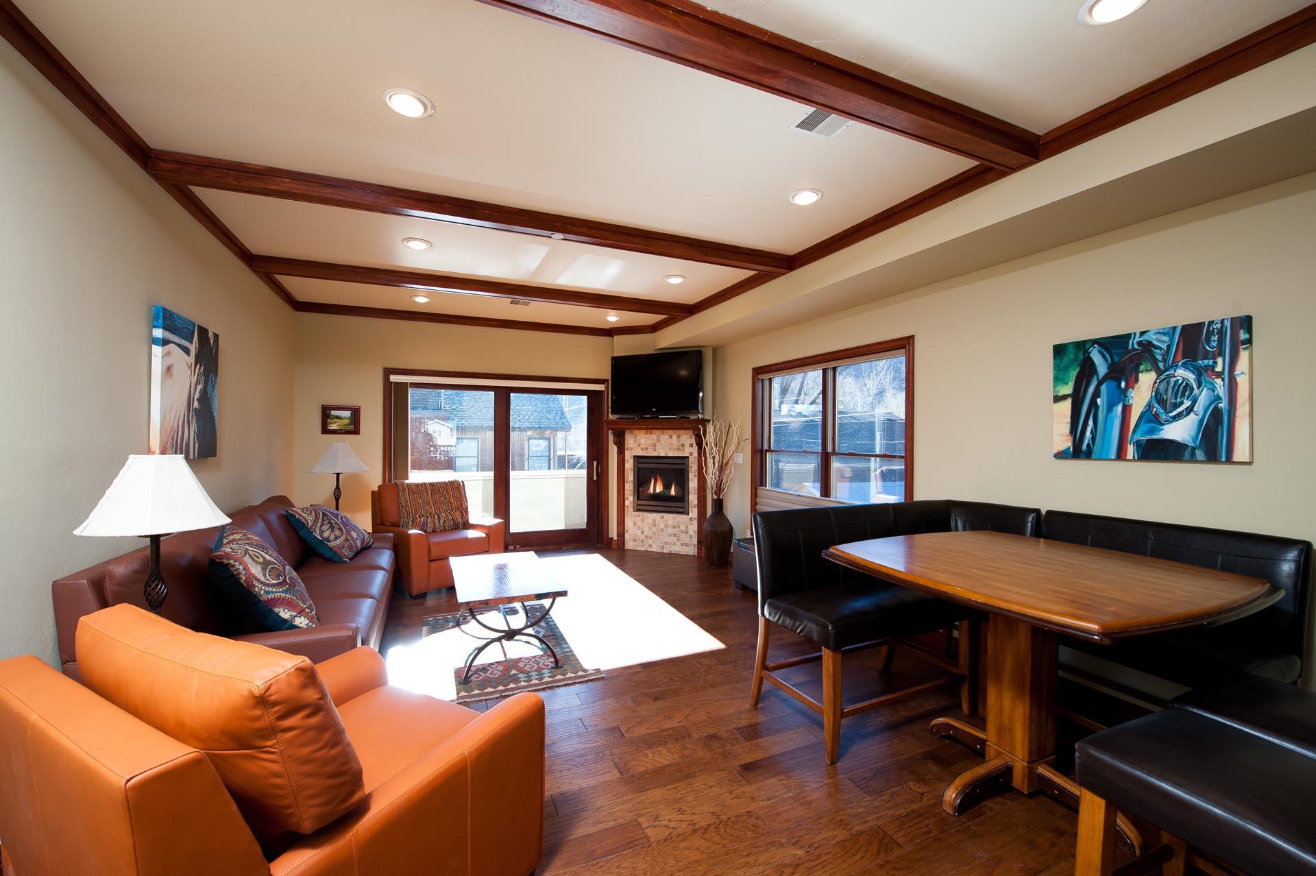 Downtown Durango, CO vacation rental condo. Living room with Fireplace and TV
