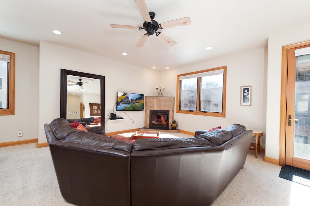 Main Living Space - Gas Fireplace, TV and Deck