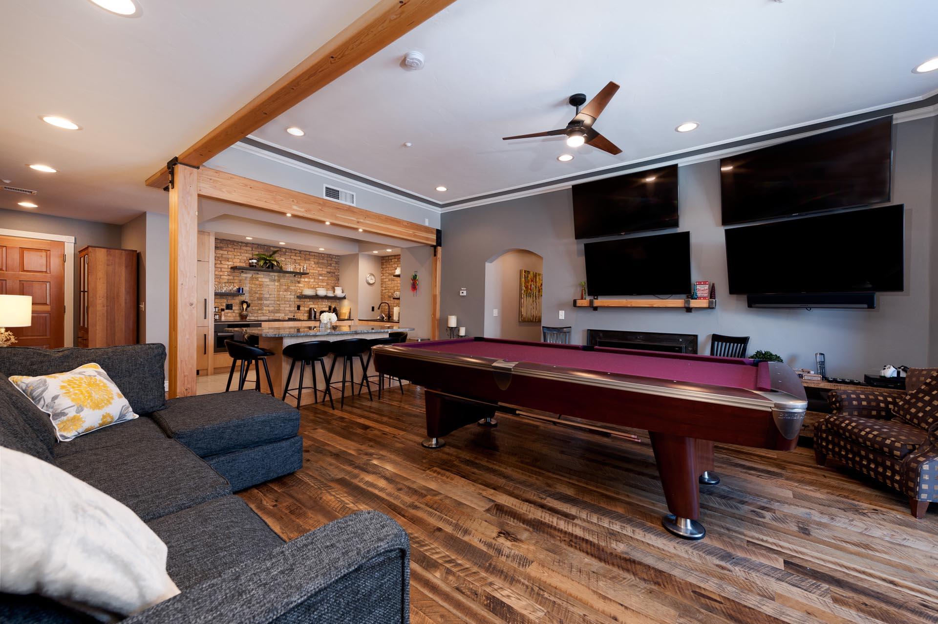 Main Living Space - Pool Table, 4 TVS and gas fireplace
