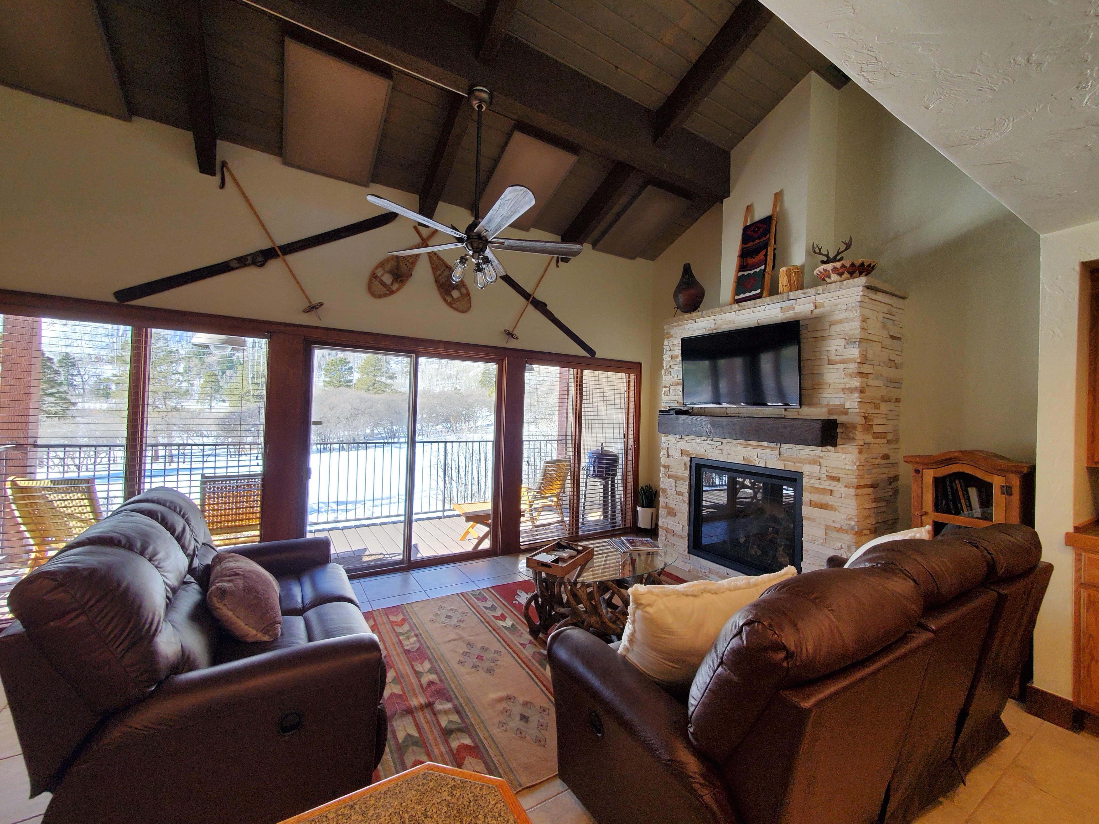 Living Room with Fireplace and Big Deck