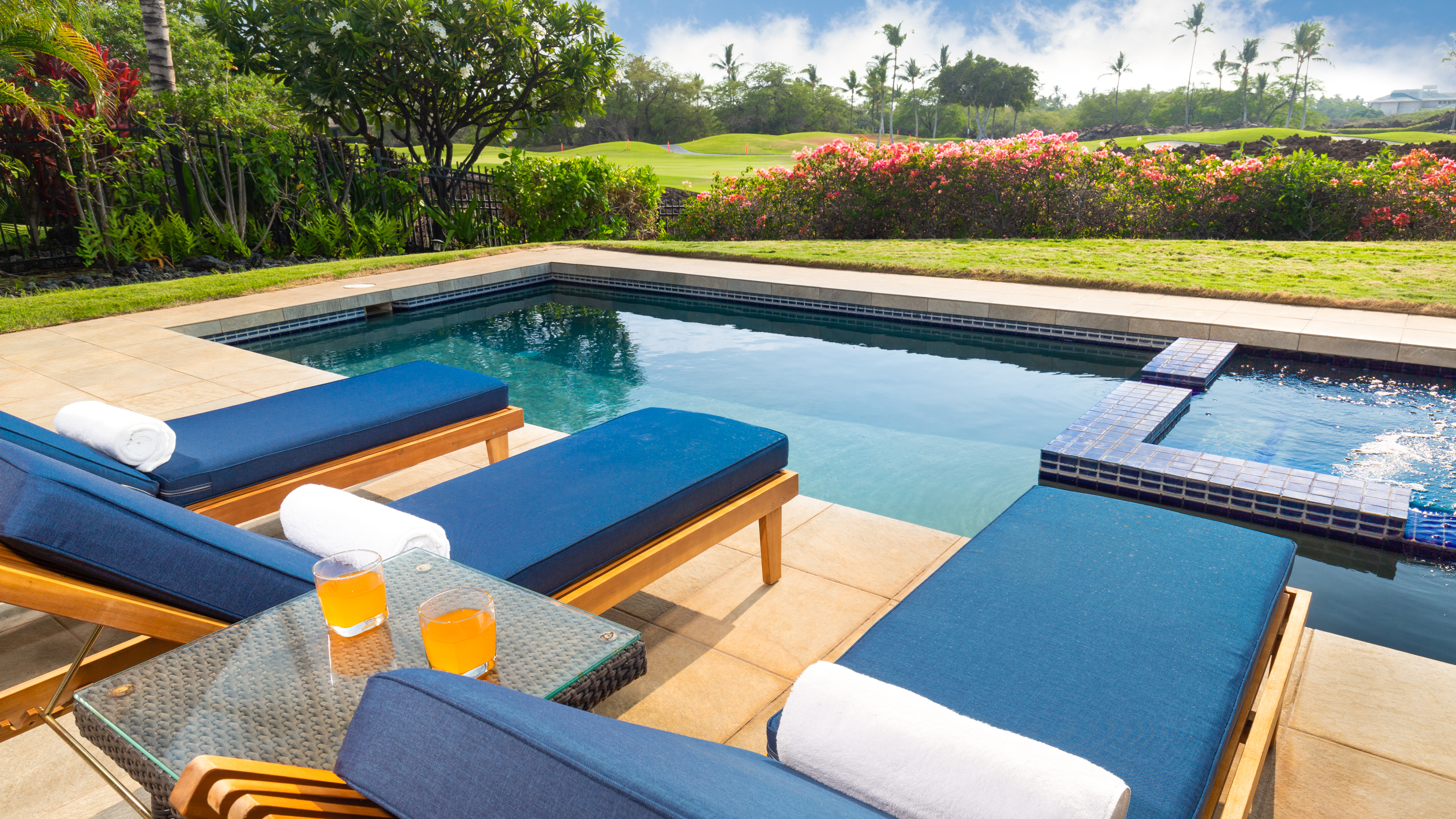 Four new chaise loungers next by private pool