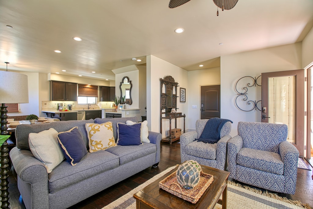 Need a fourth bed? The living room couch makes into a queen sleeper sofa. Dining for 6 plus bar stools at the nearby kitchen counter. 