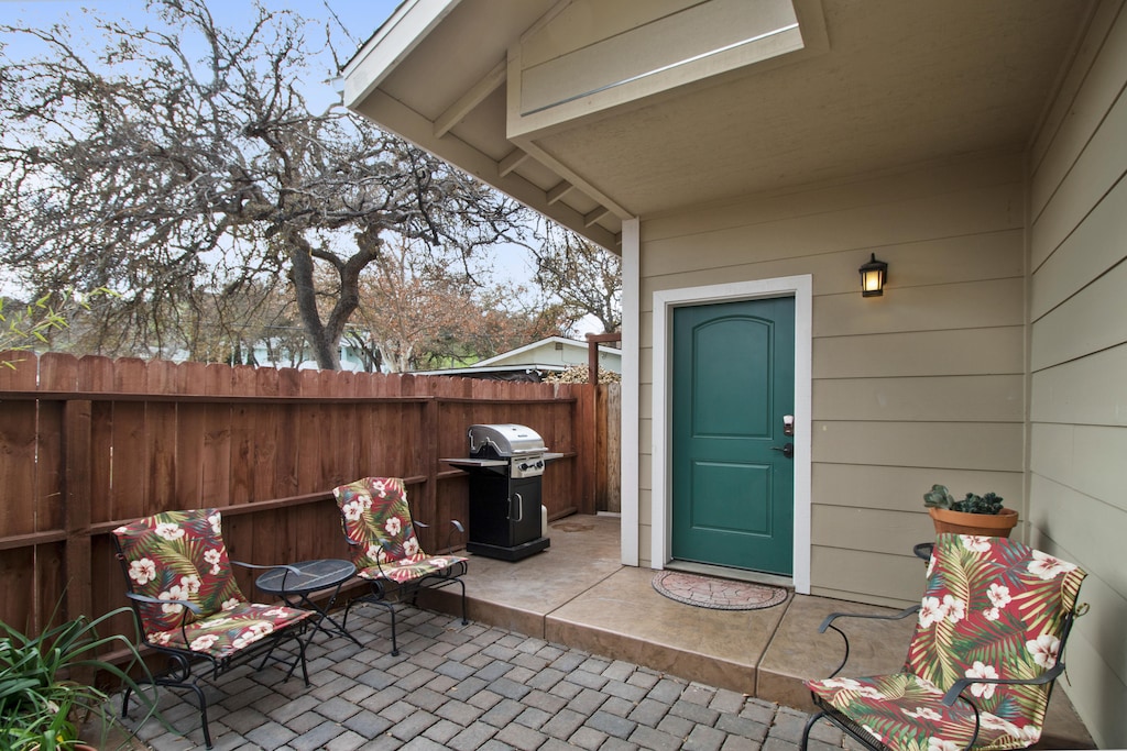 Private front entry and Patio at Olive Alley, fully fenced