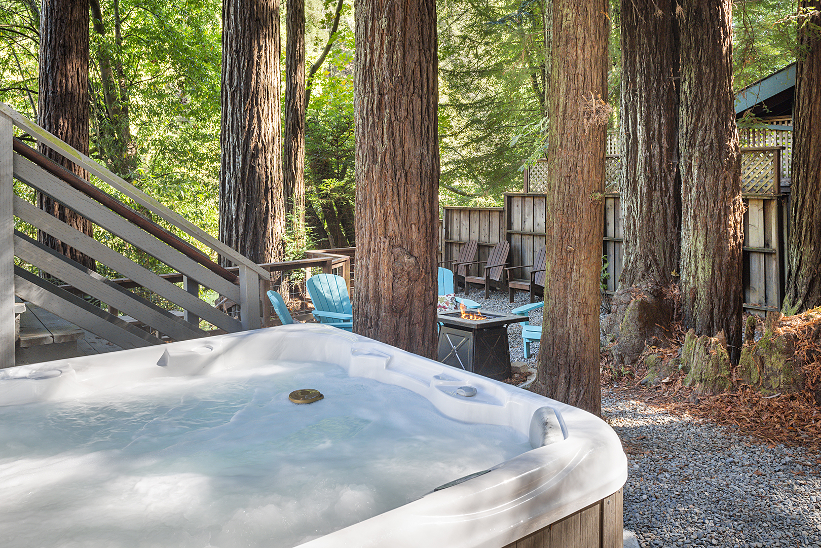 Hot tub under the redwood trees and stars.