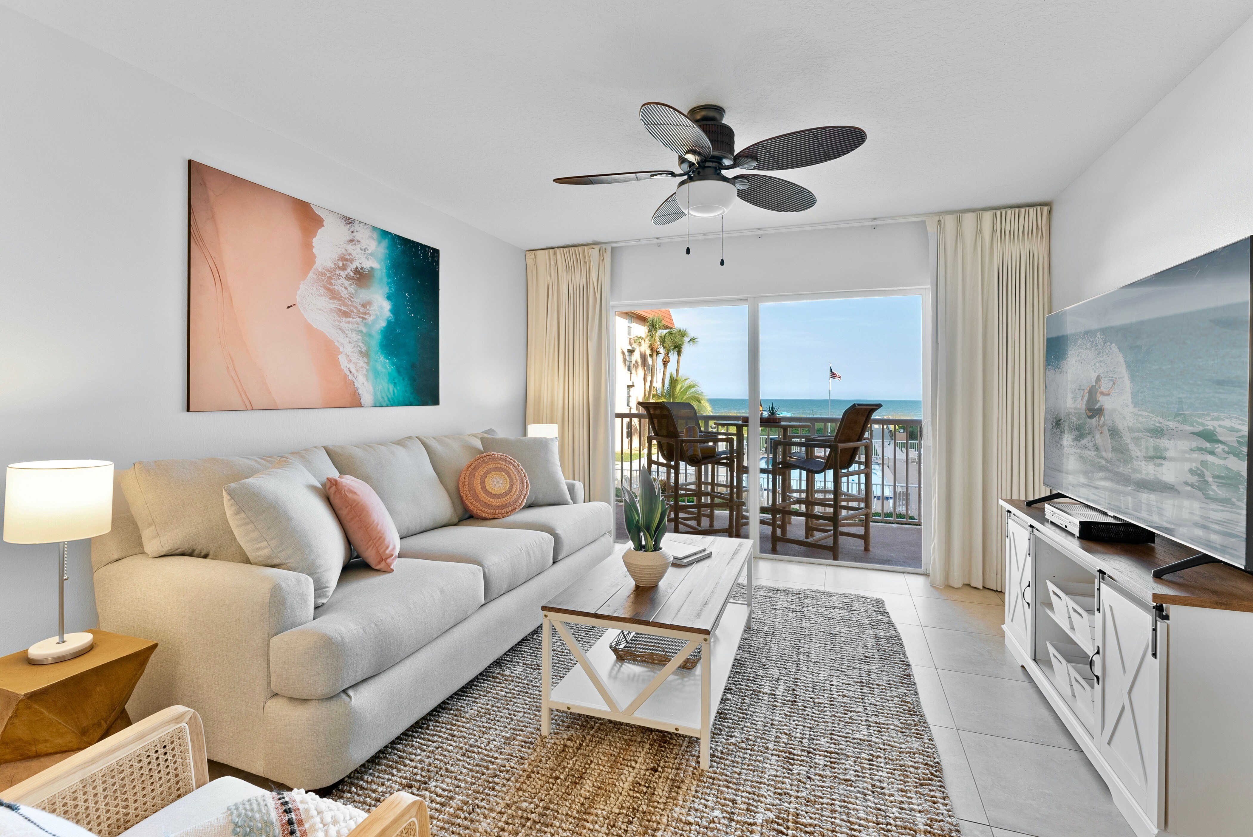 Living room looks right out to the ocean. Walk right onto your oceanfront balcony.