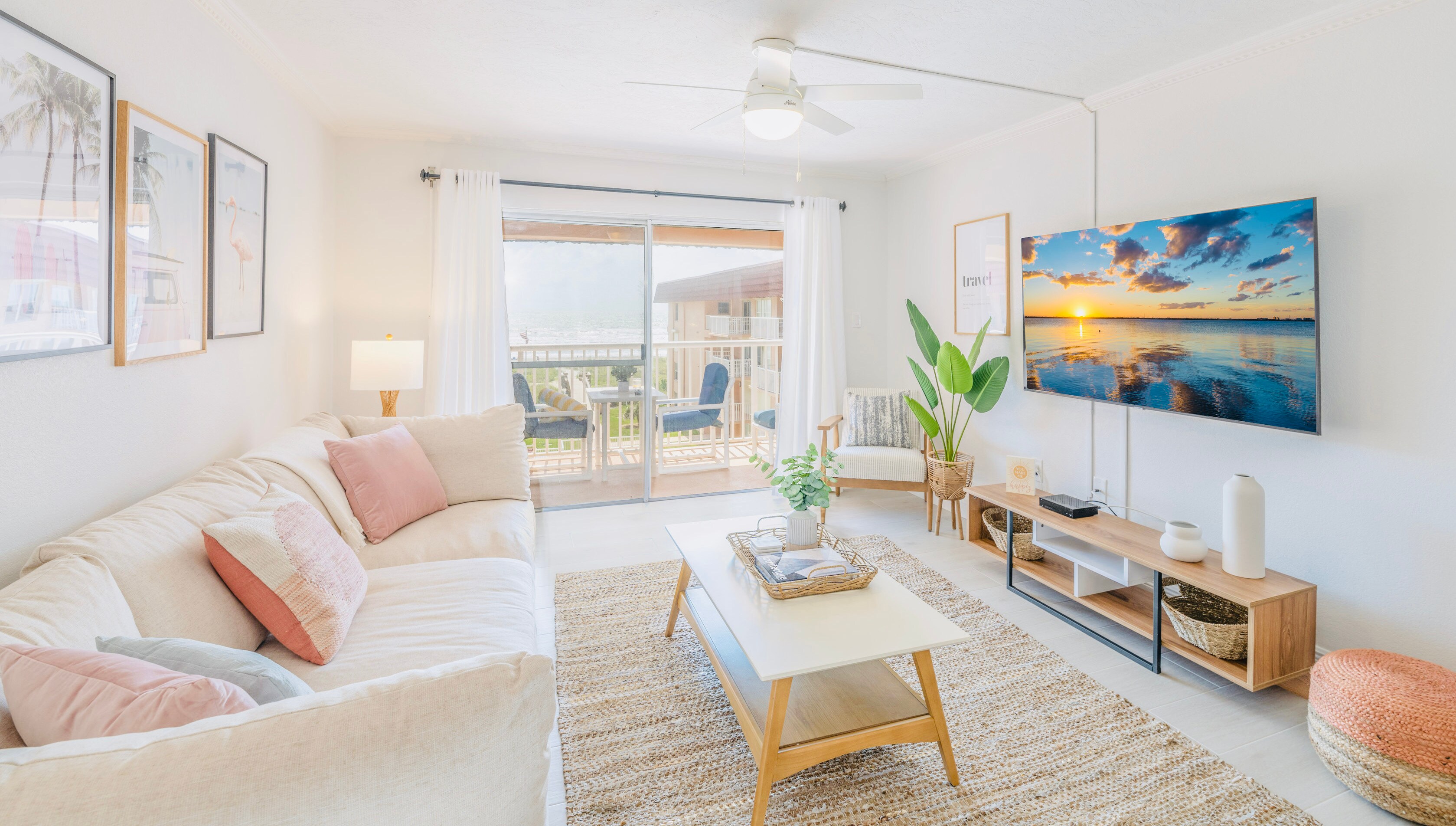 Picture yourself here! Stare directly to the ocean from your beautiful updated living room. When you aren't enjoying the view or beach, you can enjoy watching your favourite shows on the massive smart TV.