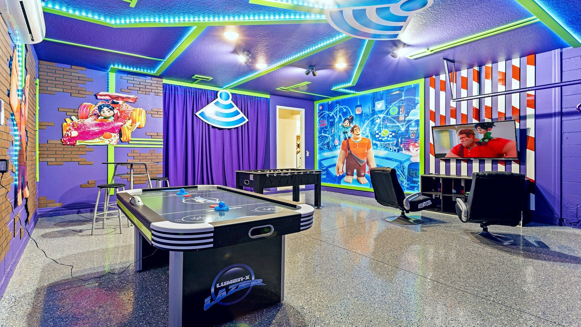 Enjoy the Wreck-it Ralph themed game room with your friends