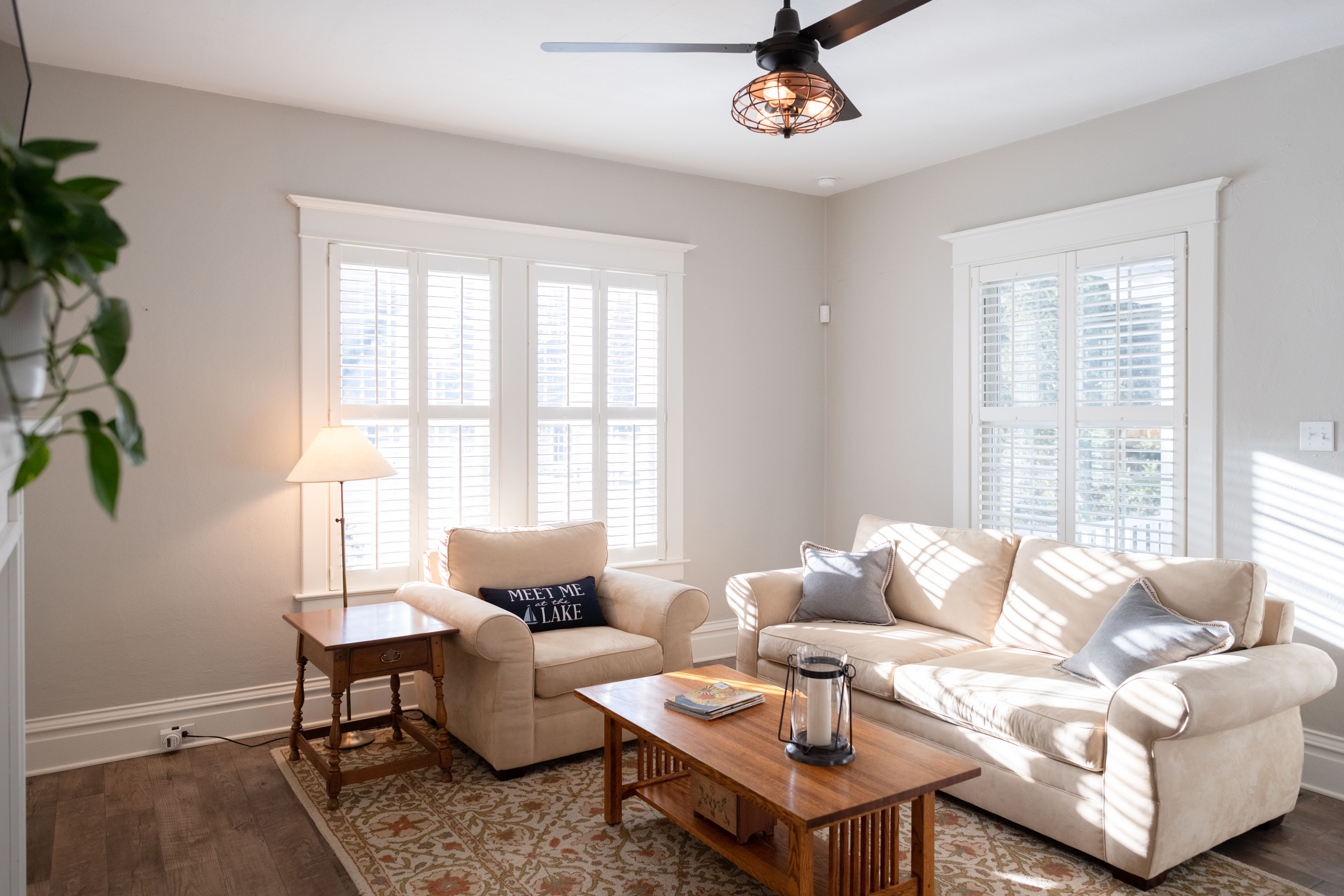 Sunny and relaxed describes the feel of the interior - woods floors, warm whites, comfortable and cozy.